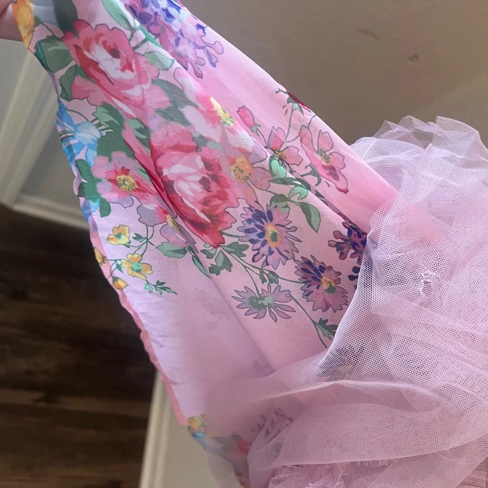 Rosevelvet Pink Floral Tulle Ruffle Mini Dress | Cottagecore NWT- M - Picture 5 of 9